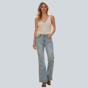 Duchesse Light Wash Distressed Bootcut Flare Stretch Jeans Floral Eyelet Size 11
